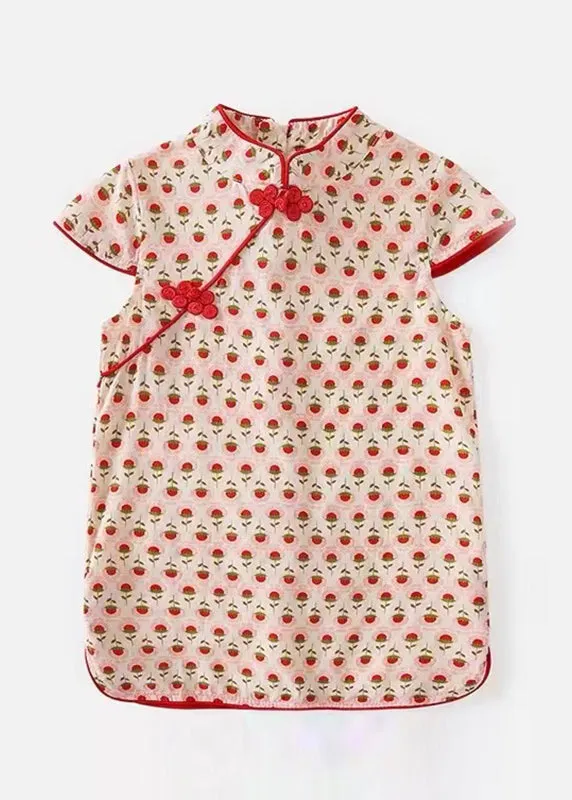 Chic Red Print Side Open Kids Holiday Long Dress Short Sleeve MN020