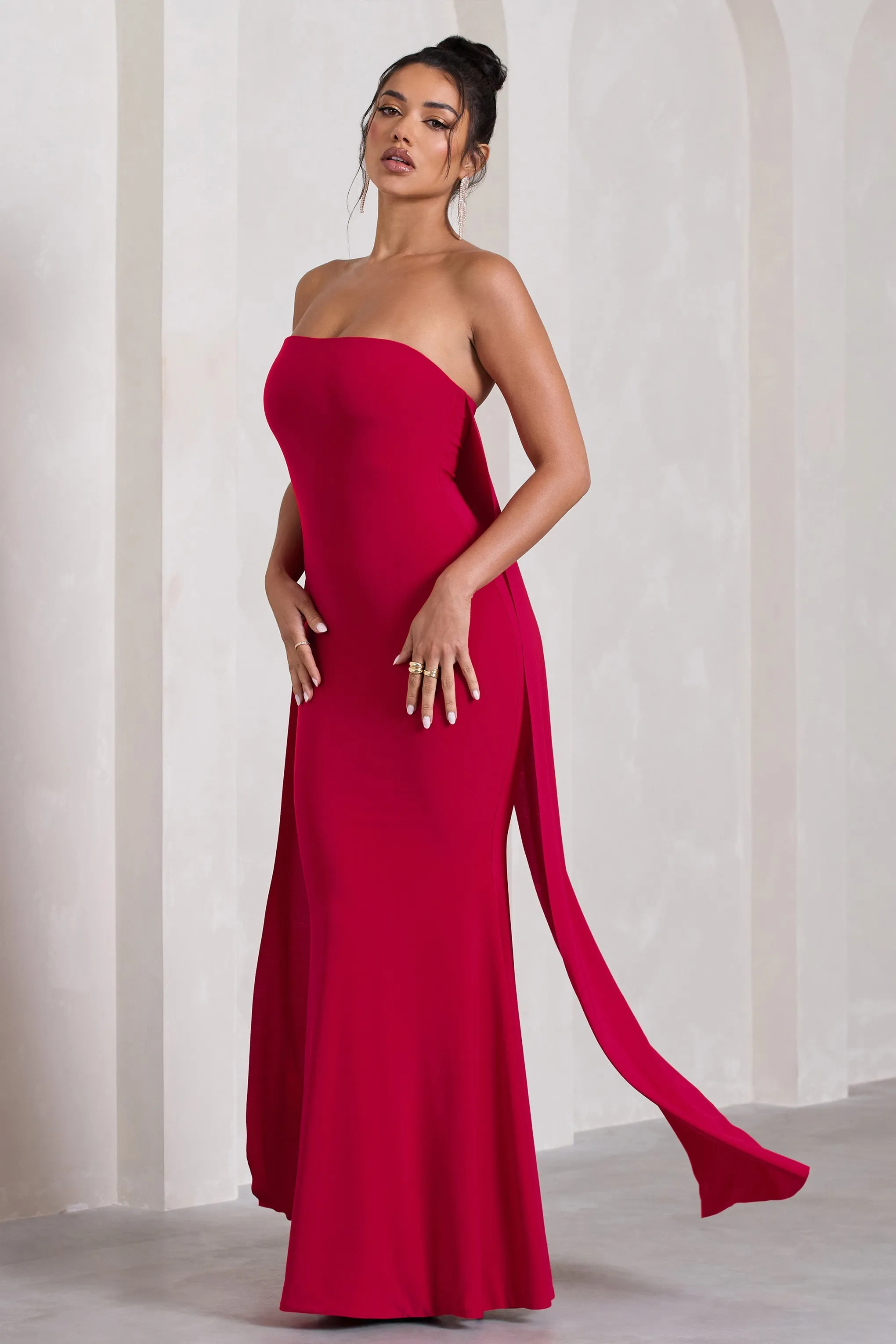 Christina | Red Bandeau Sleeveless Maxi Dress With Cape