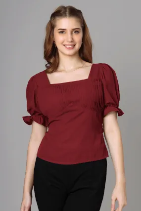 Classic Maroon Half Pleated Top For Women