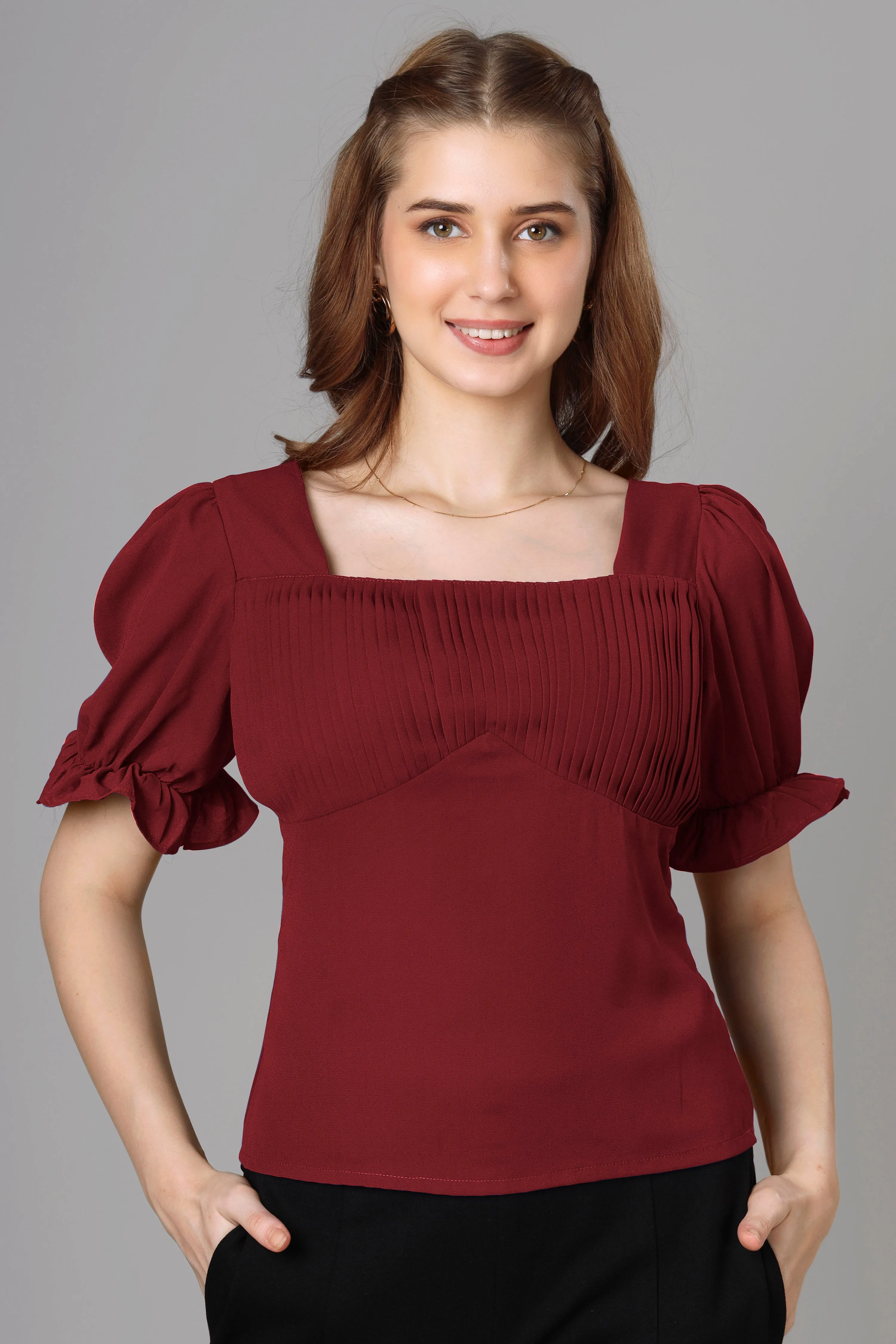 Classic Maroon Half Pleated Top For Women