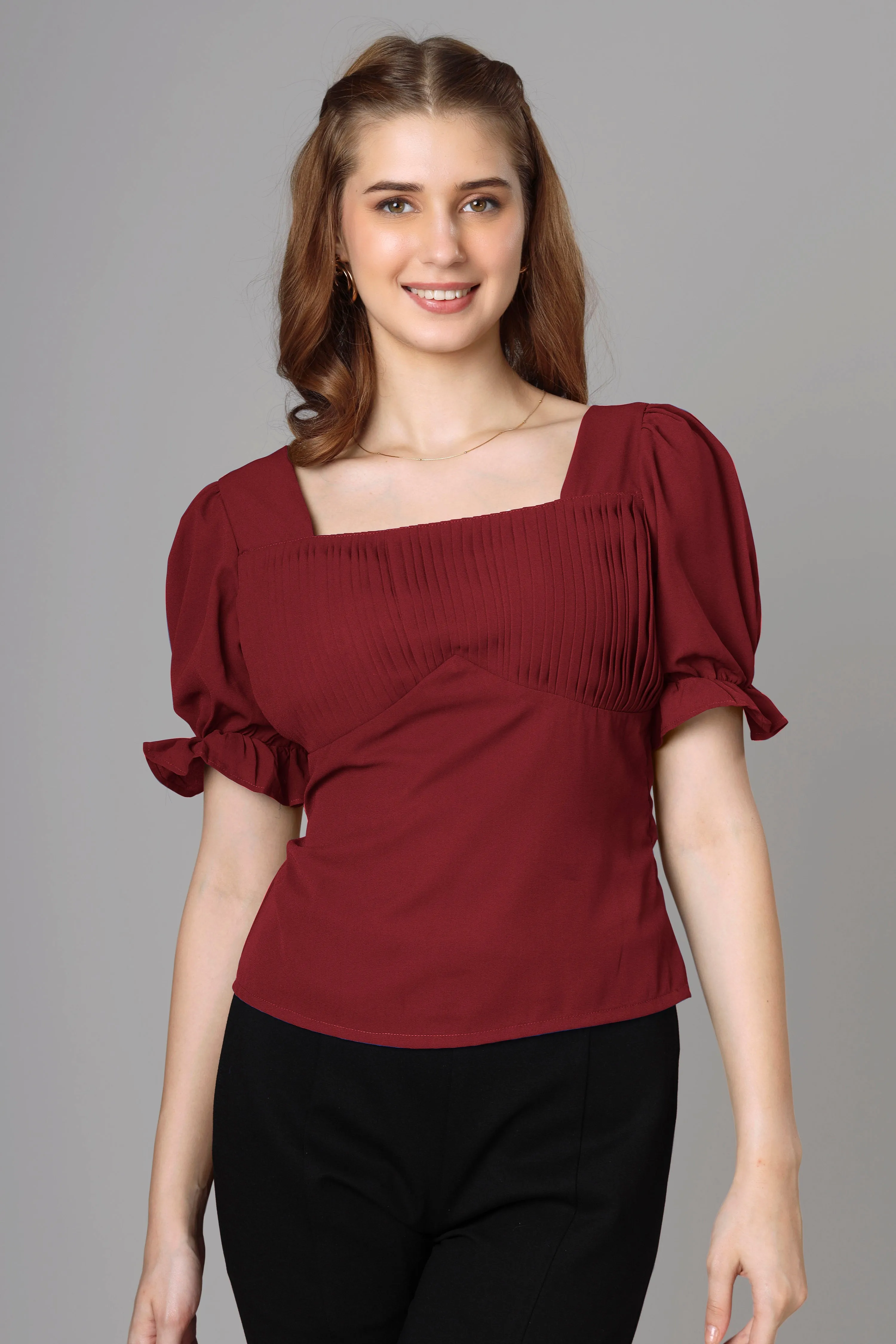 Classic Maroon Half Pleated Top For Women