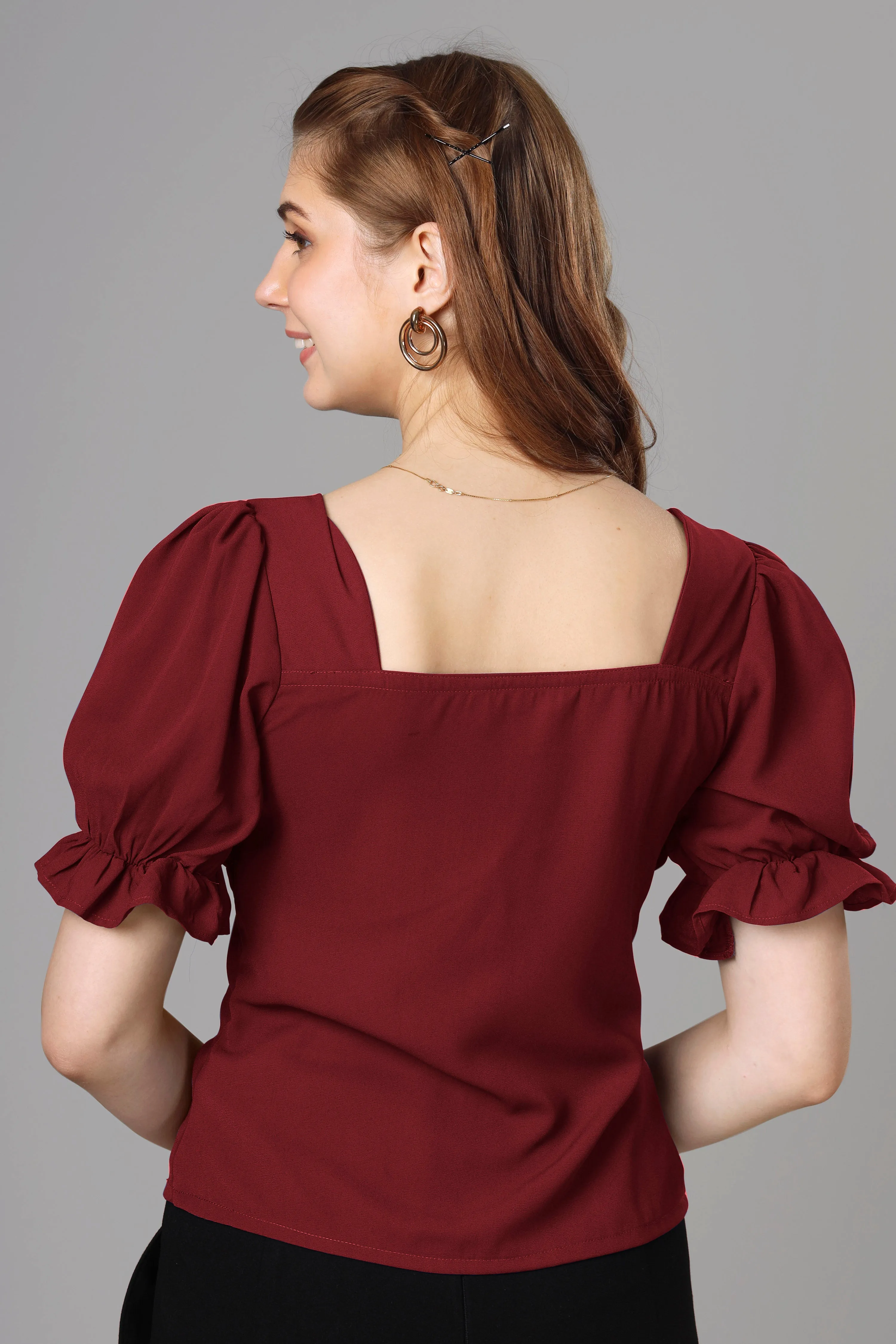 Classic Maroon Half Pleated Top For Women