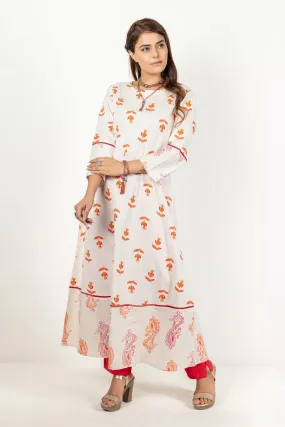 Cream With Orange & Red Cotton Flax Kurta