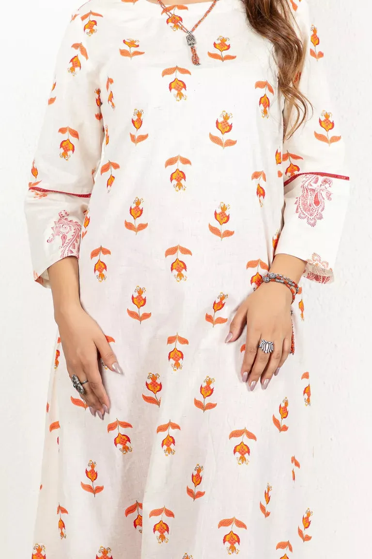 Cream With Orange & Red Cotton Flax Kurta