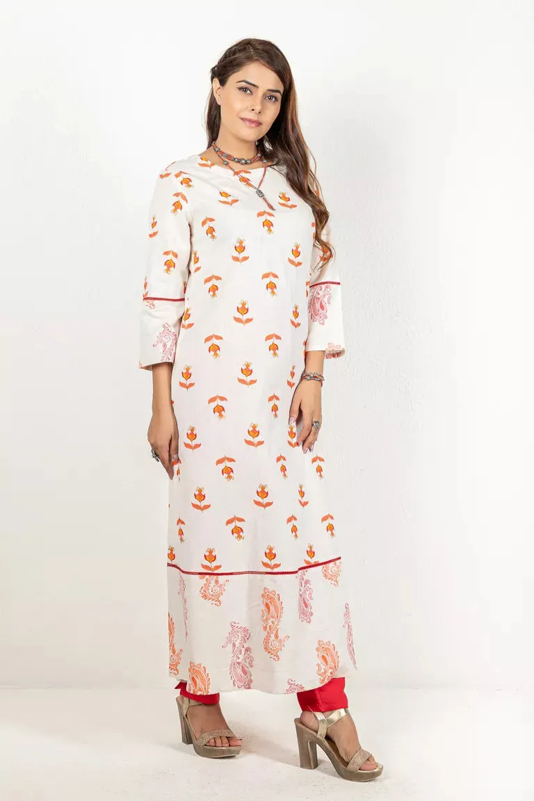 Cream With Orange & Red Cotton Flax Kurta