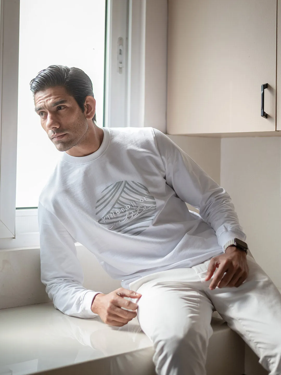 Crew Neck Pure Cotton White Pullover - Emblem