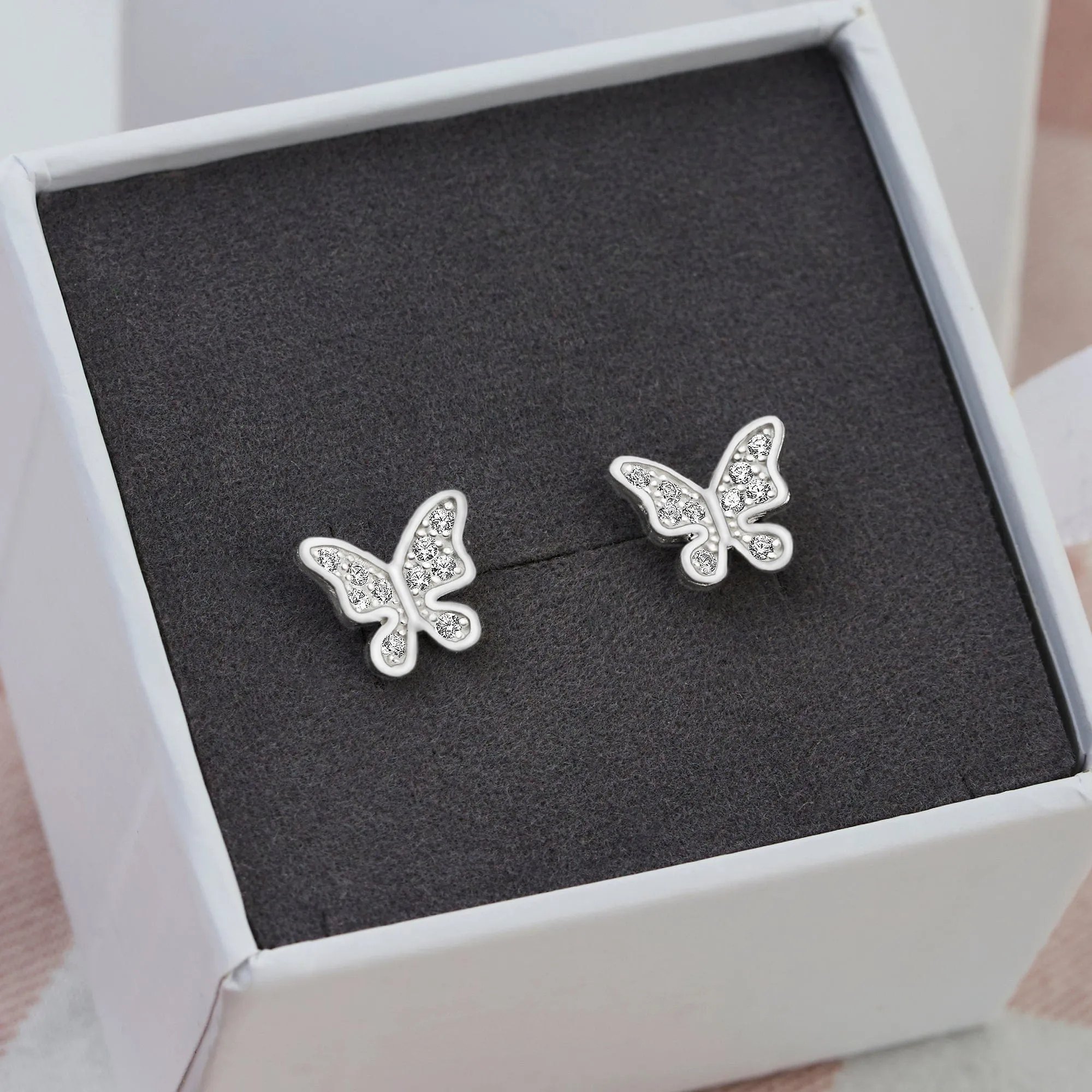 Dazzling CZ Butterfly Earrings Studs Sterling Silver