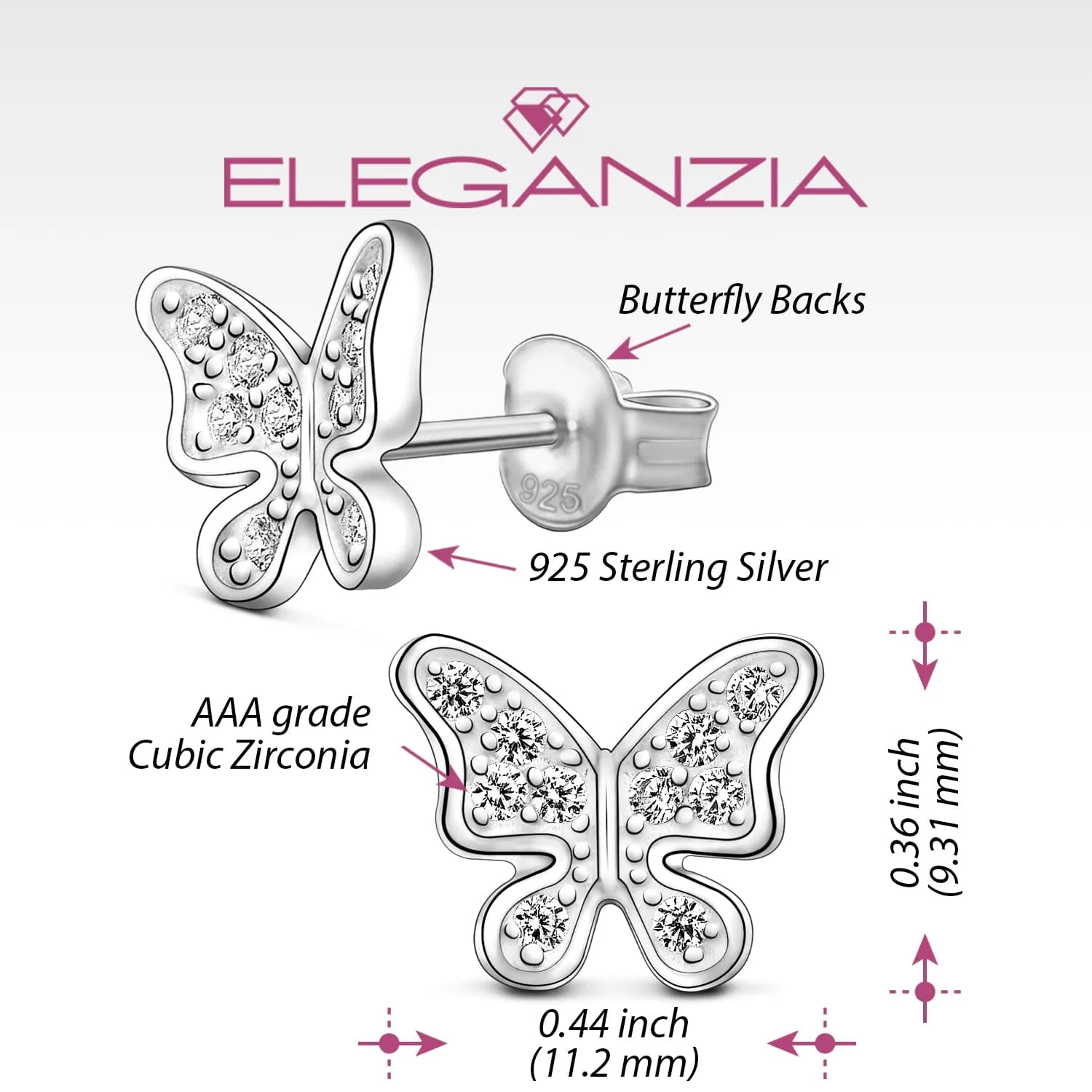 Dazzling CZ Butterfly Earrings Studs Sterling Silver