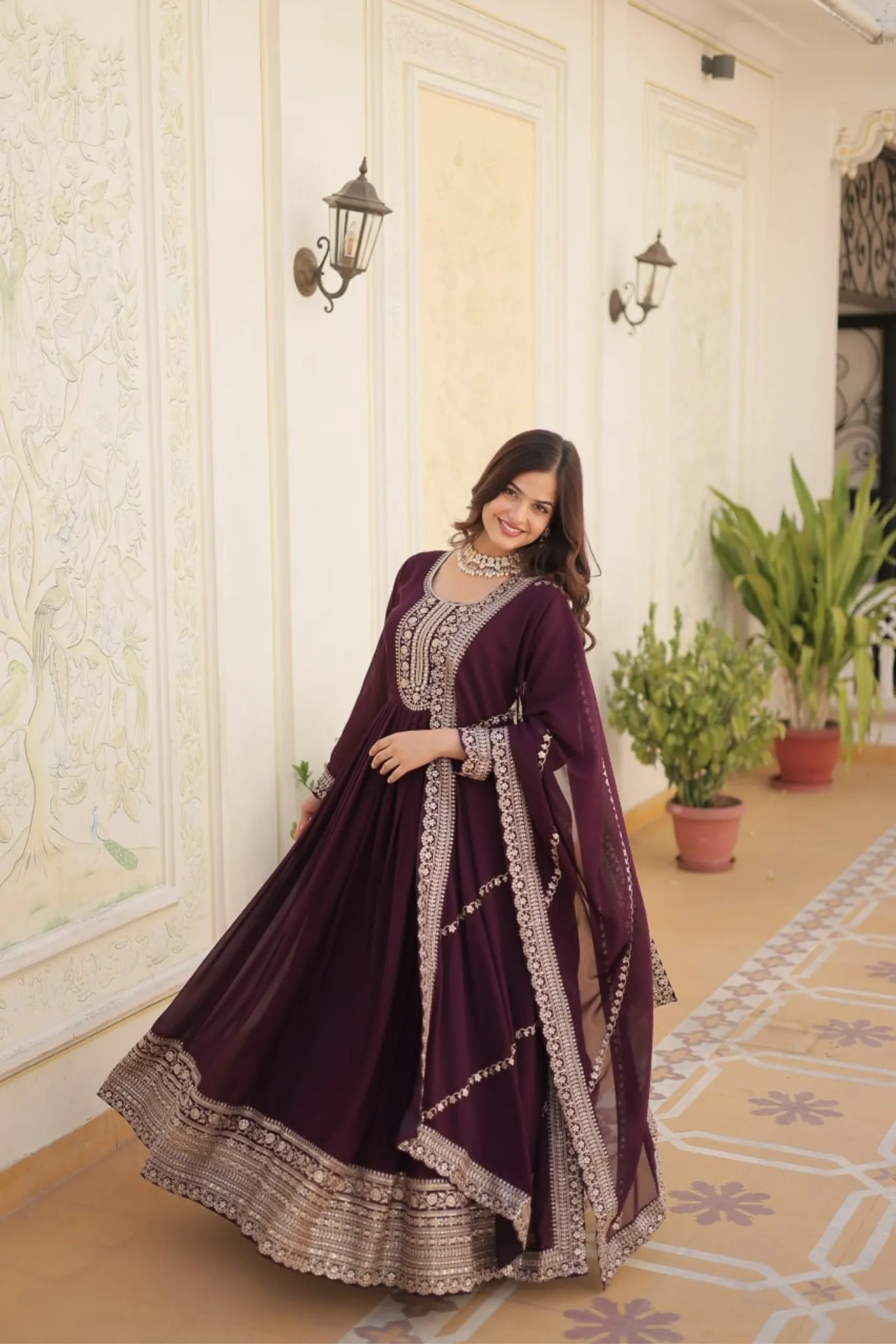 Designer Sequins Embroidered Work Stylish Gown With Dupatta Set