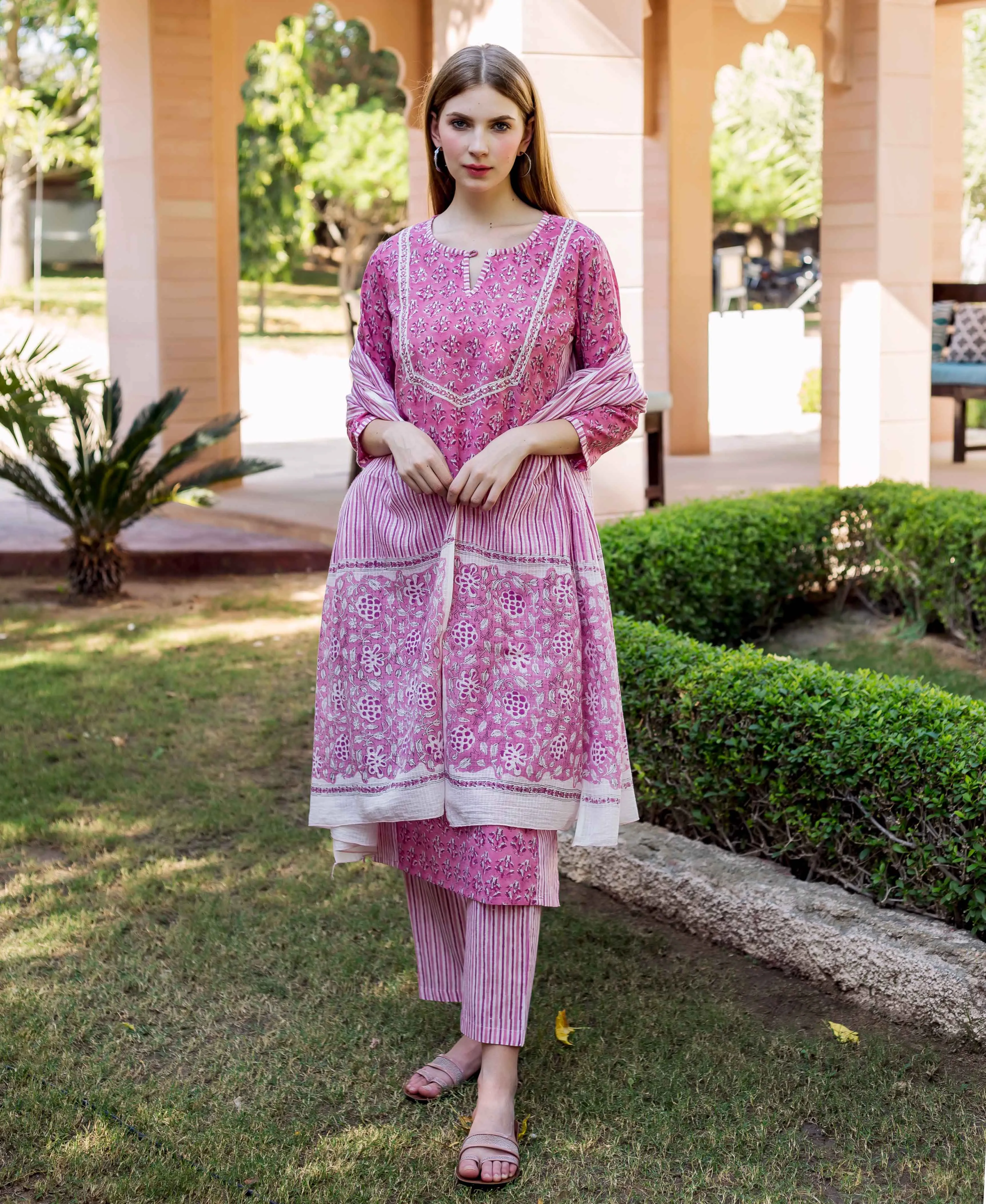 Dharti Pink Hand Block Printed Straight Suit