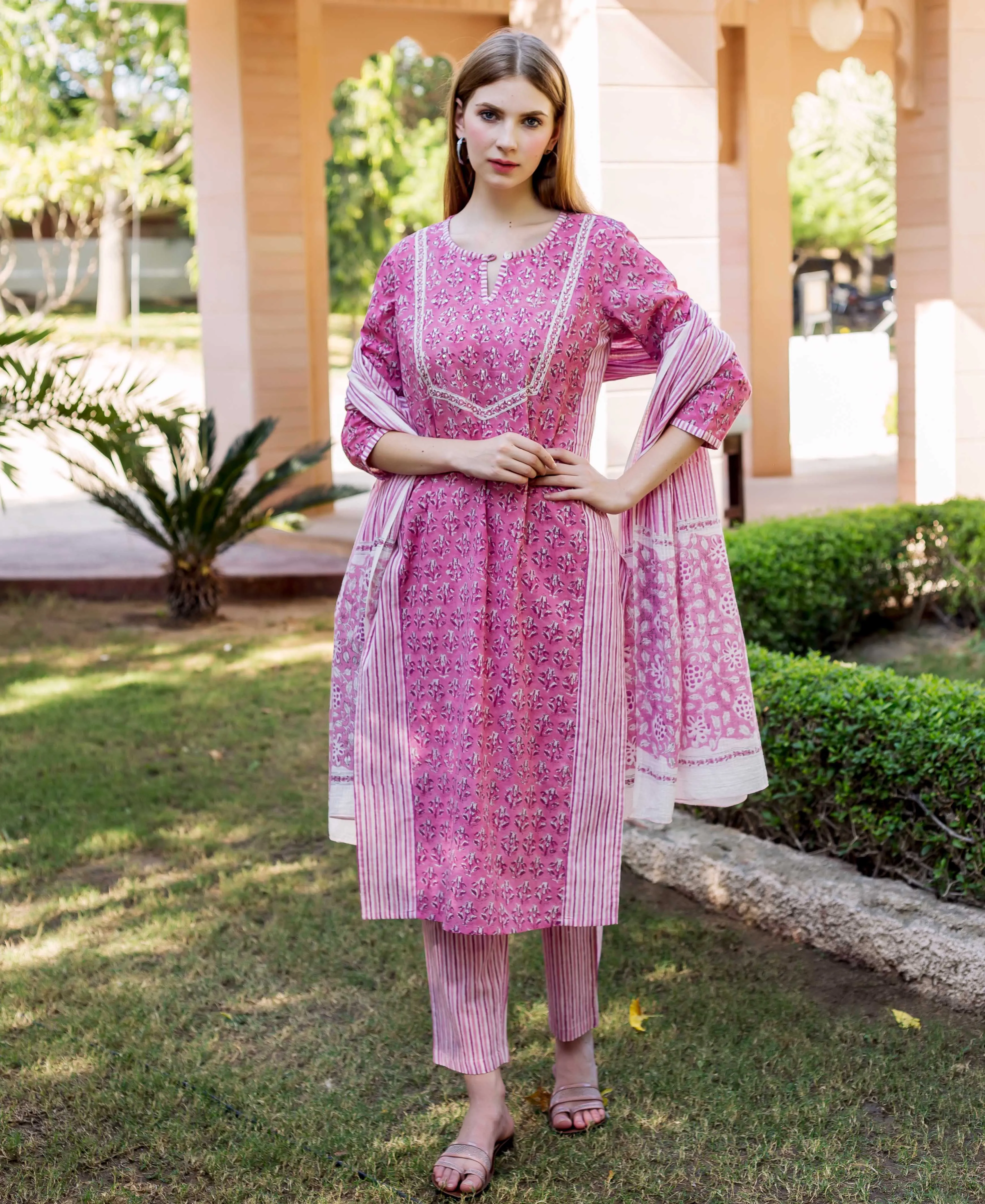 Dharti Pink Hand Block Printed Straight Suit