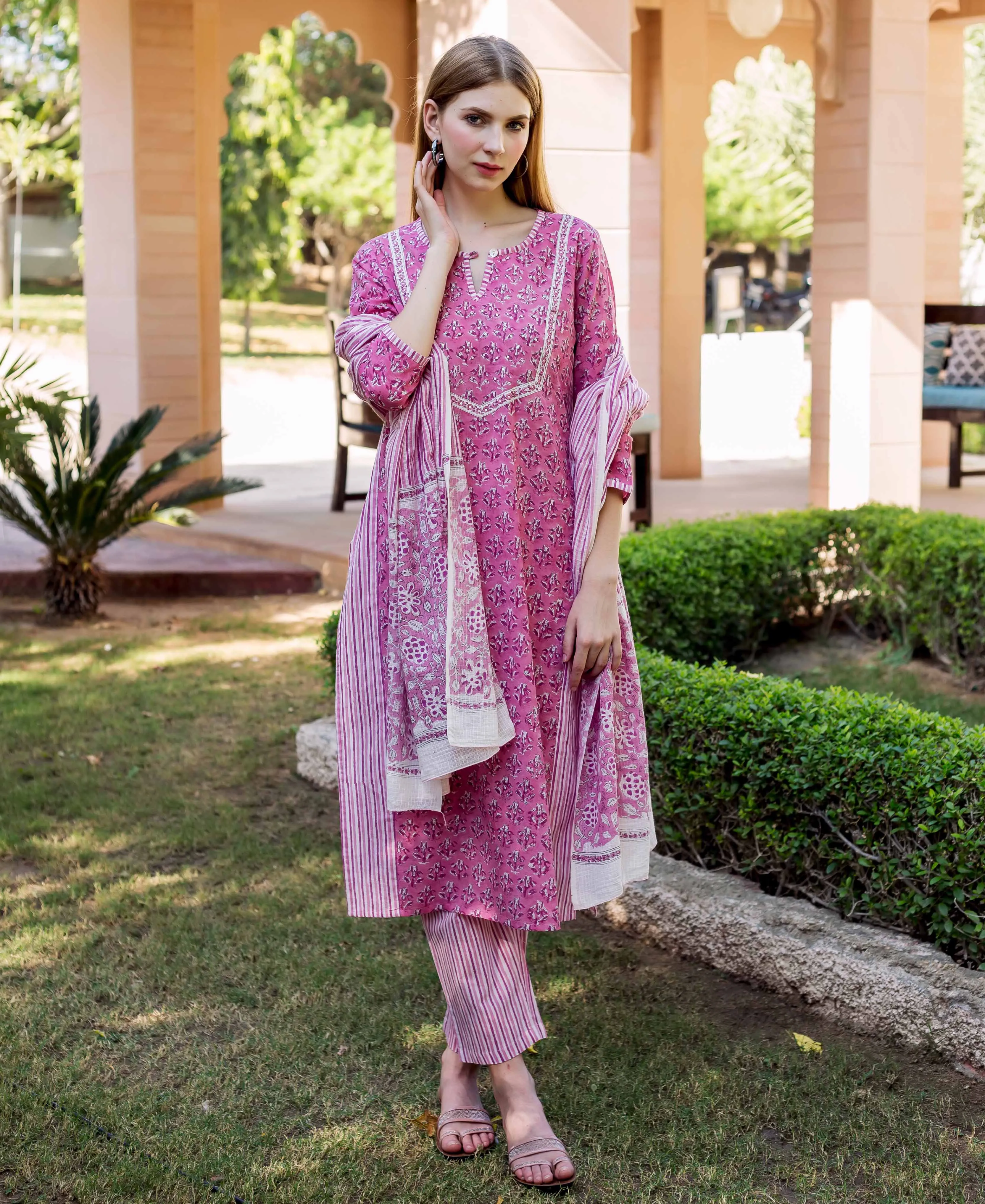 Dharti Pink Hand Block Printed Straight Suit