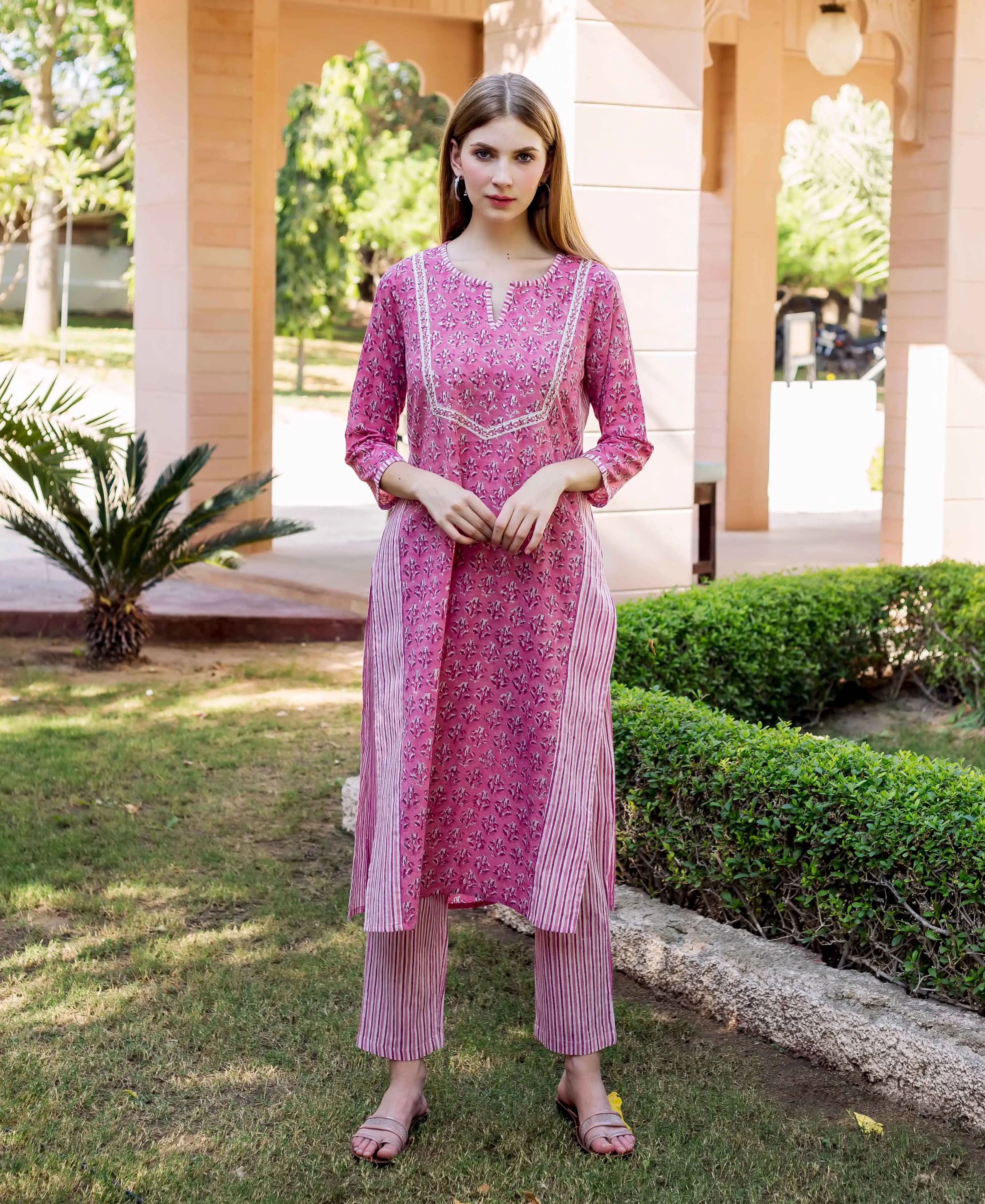 Dharti Pink Hand Block Printed Straight Suit