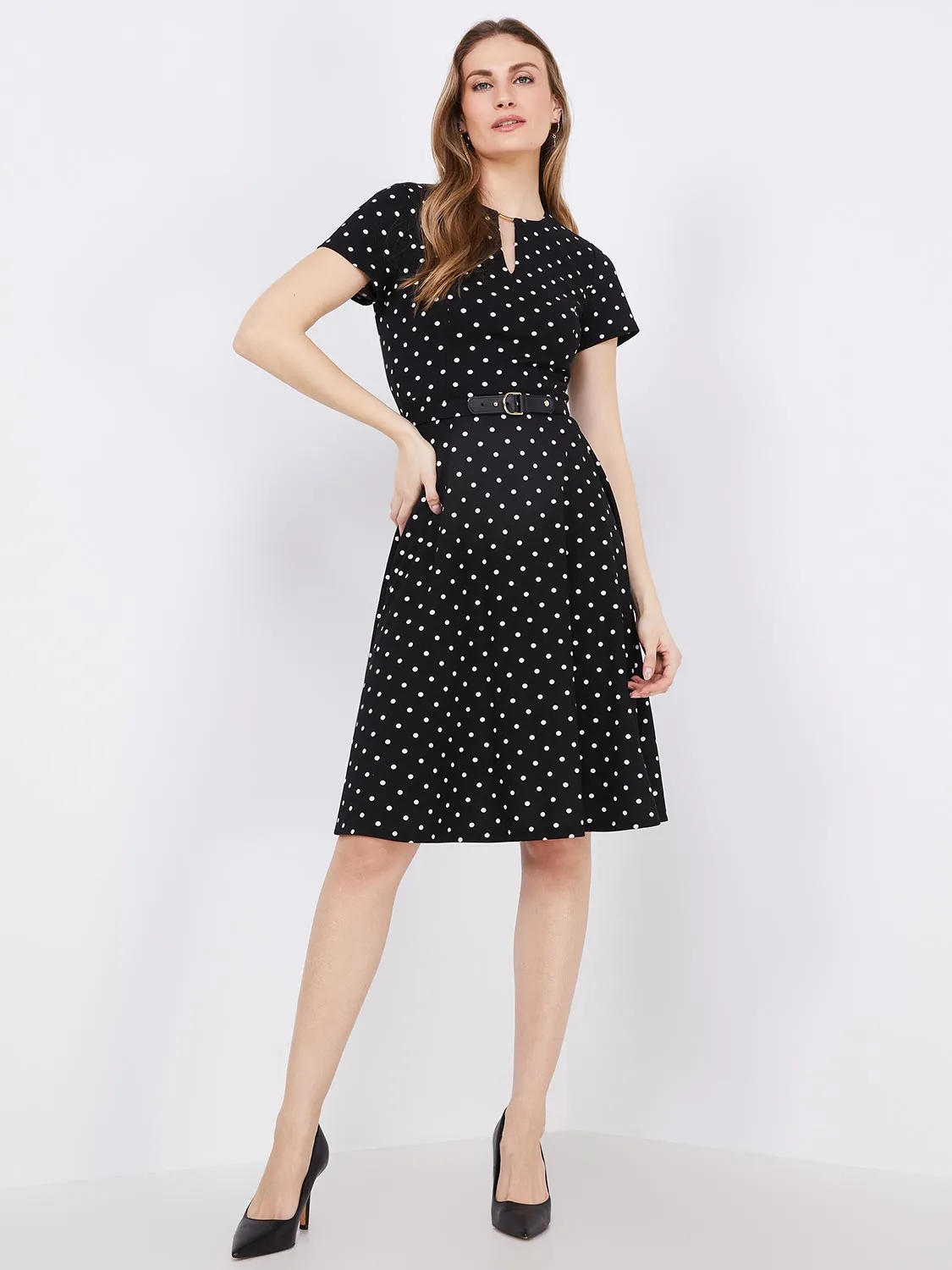 Dot Print Front Keyhole Fit & Flare Midi Dress