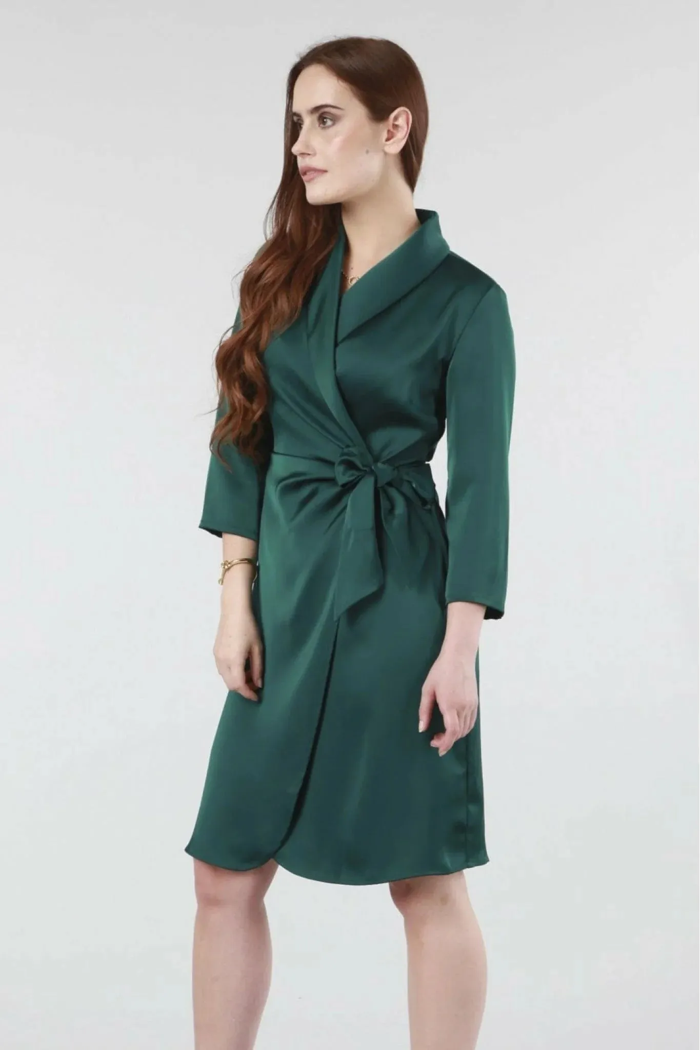 Double Second Green Wrap Belted Satin Dress