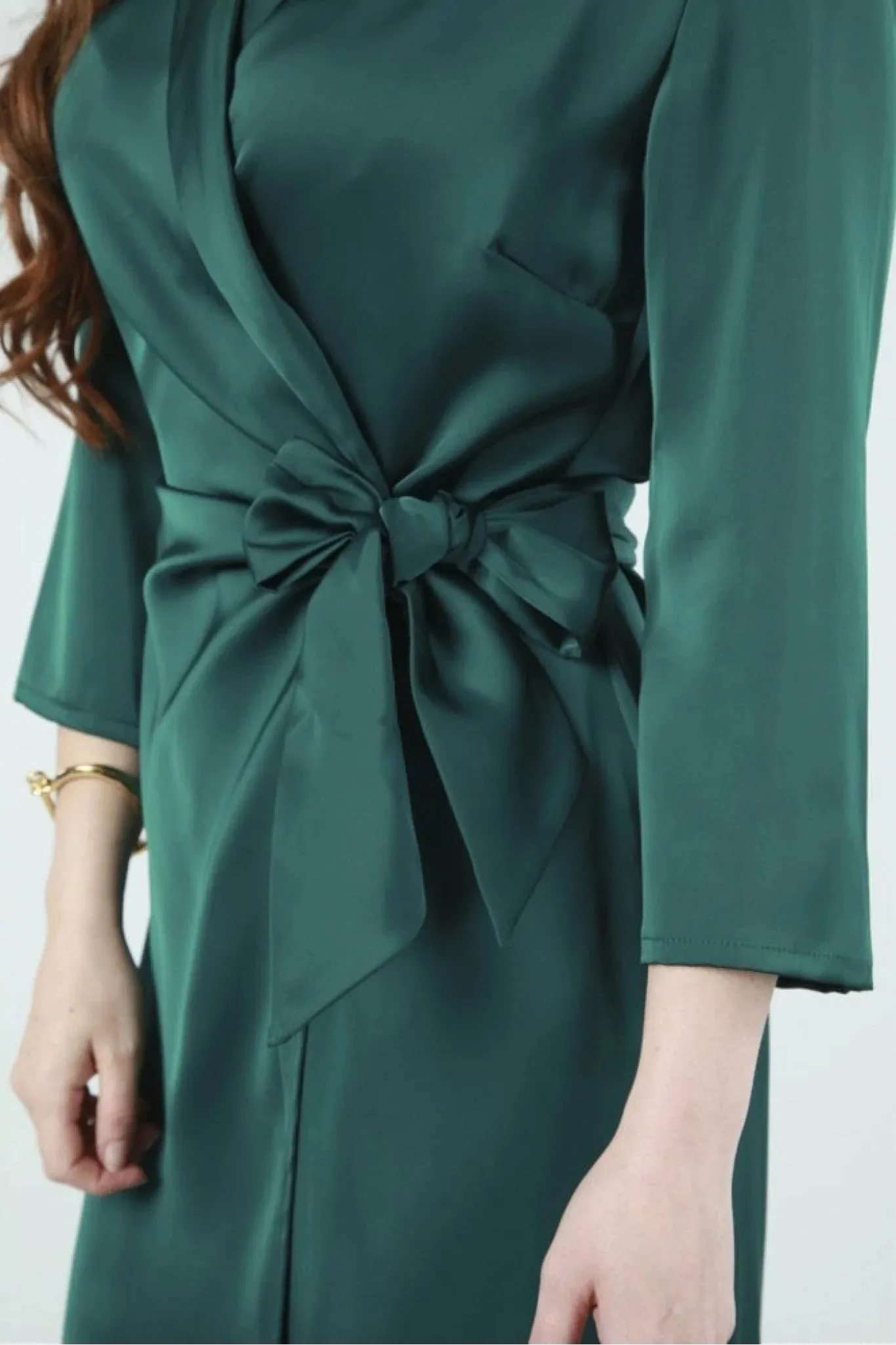 Double Second Green Wrap Belted Satin Dress