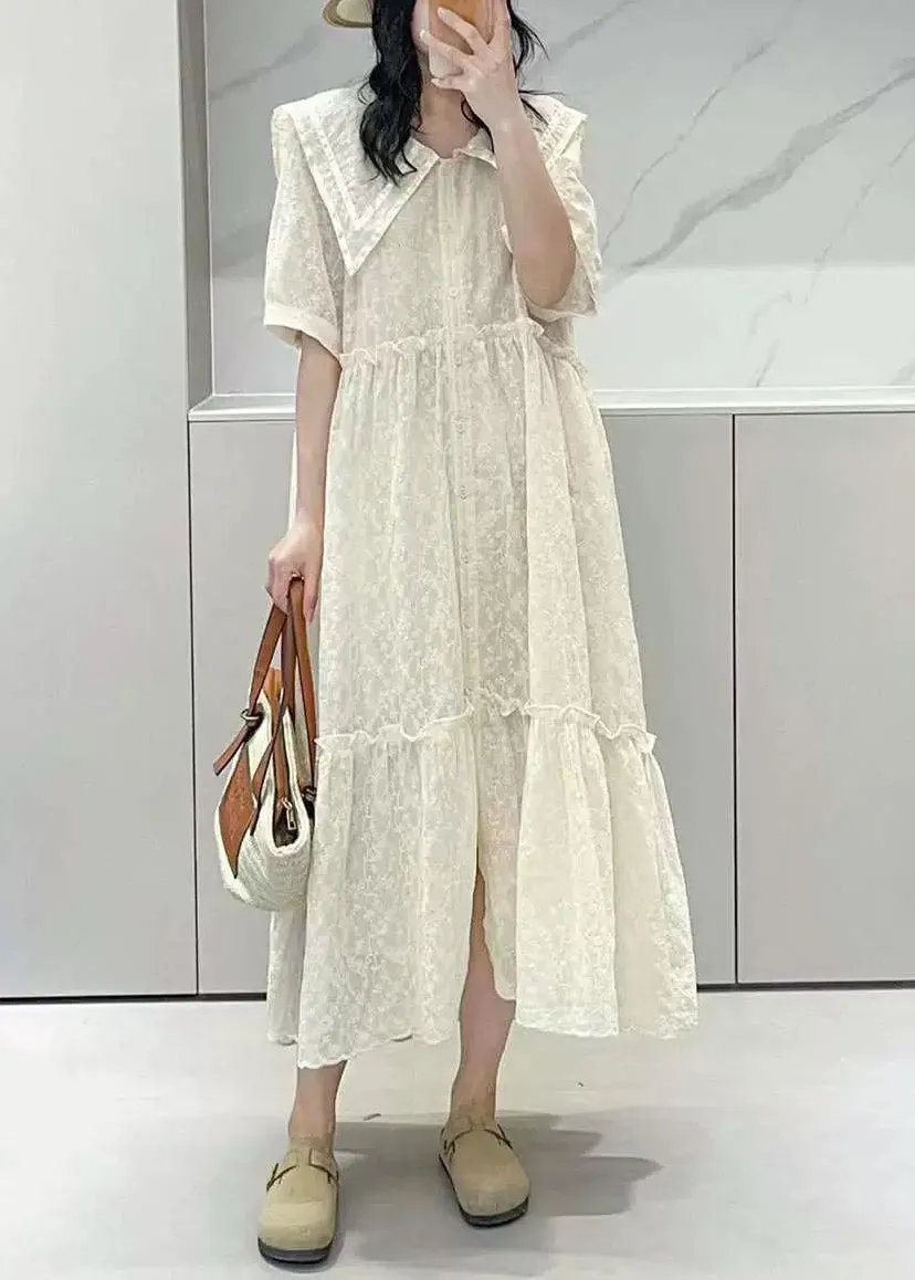 Elegant Apricot Ruffled Button Cotton Shirts Dresses Summer NN033