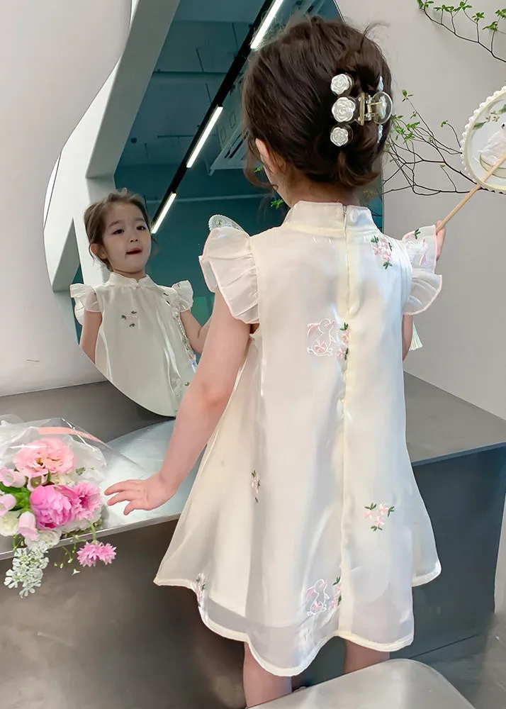 Elegant Beige Embroideried Button Tulle Girls Long Dresses Summer MN014