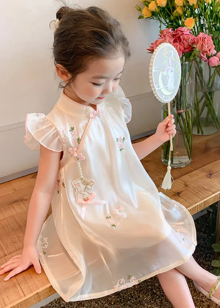 Elegant Beige Embroideried Button Tulle Girls Long Dresses Summer MN014