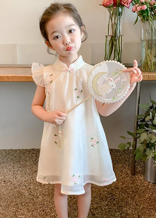 Elegant Beige Embroideried Button Tulle Girls Long Dresses Summer MN014