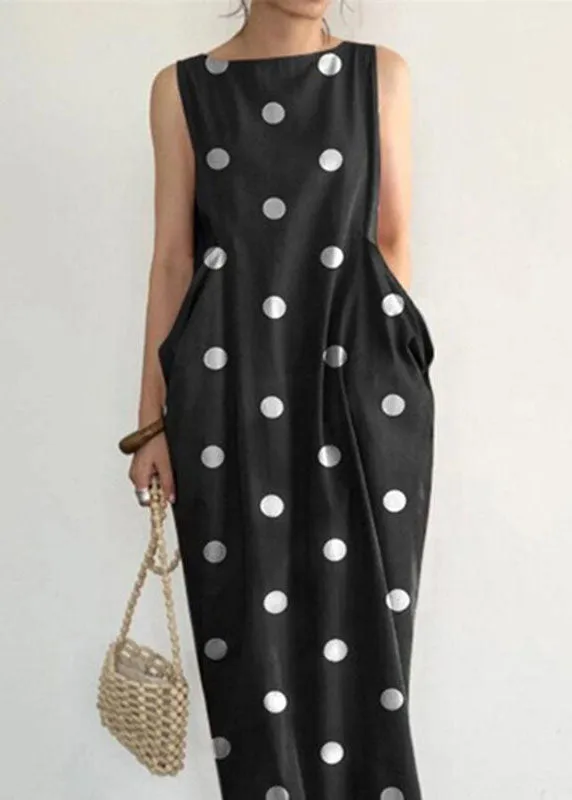 Elegant Black Dot Print Pockets Long Dresses Sleeveless VB1053