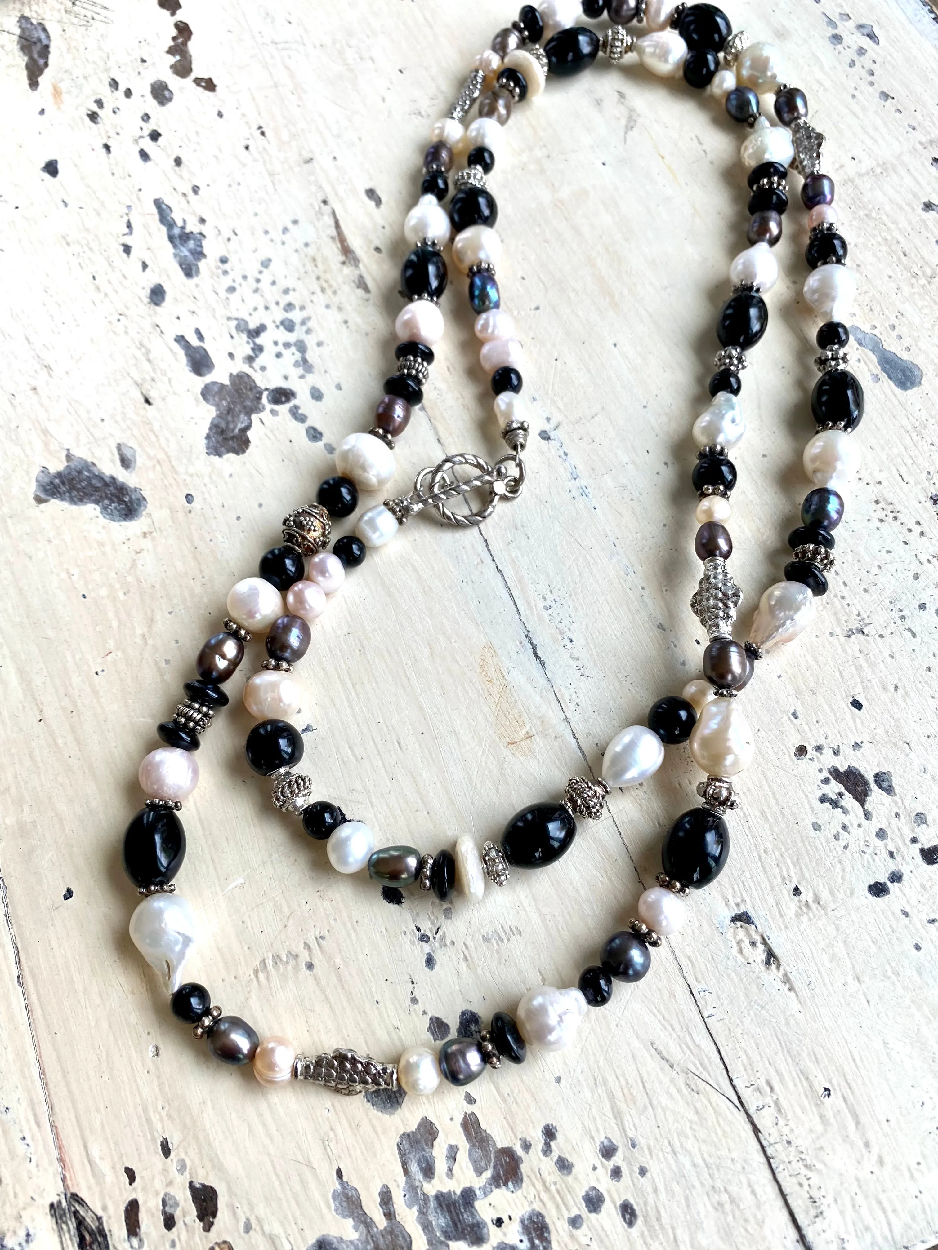 Elegant Black Onyx w Black and White Pearls Long Necklace