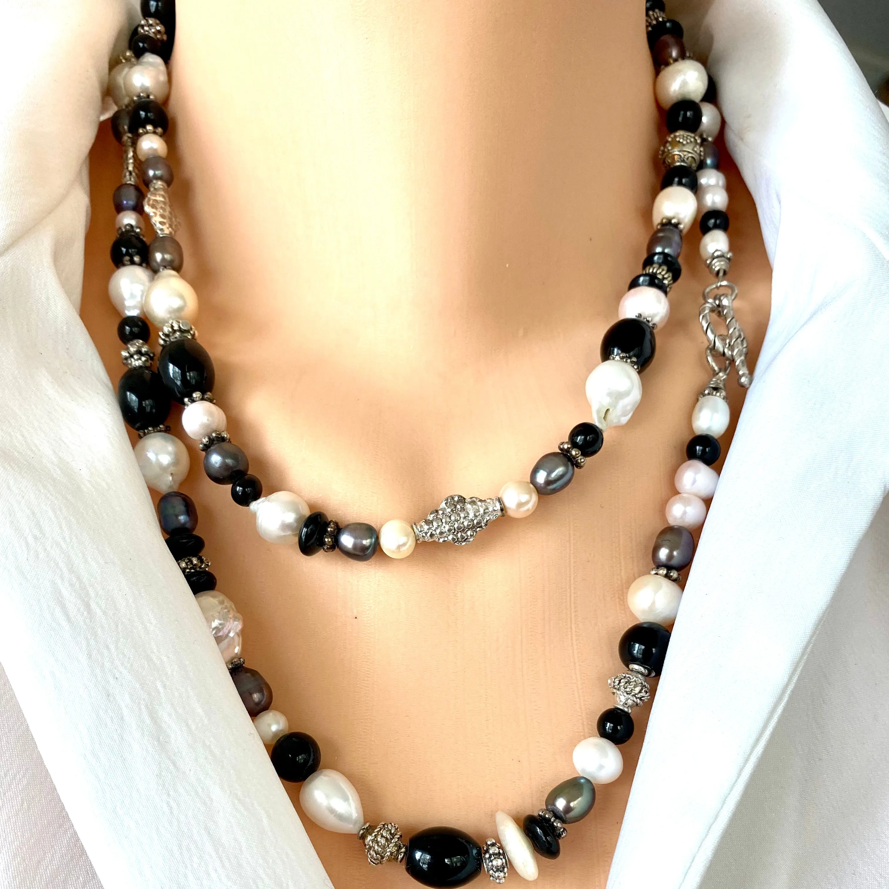 Elegant Black Onyx w Black and White Pearls Long Necklace