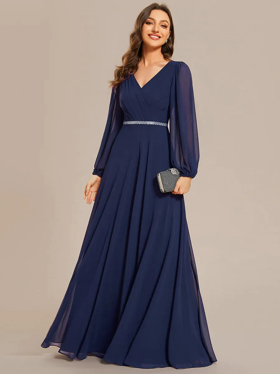 Elegant Waisted Chiffon V-neck Long Sleeve Bridesmaid Dress