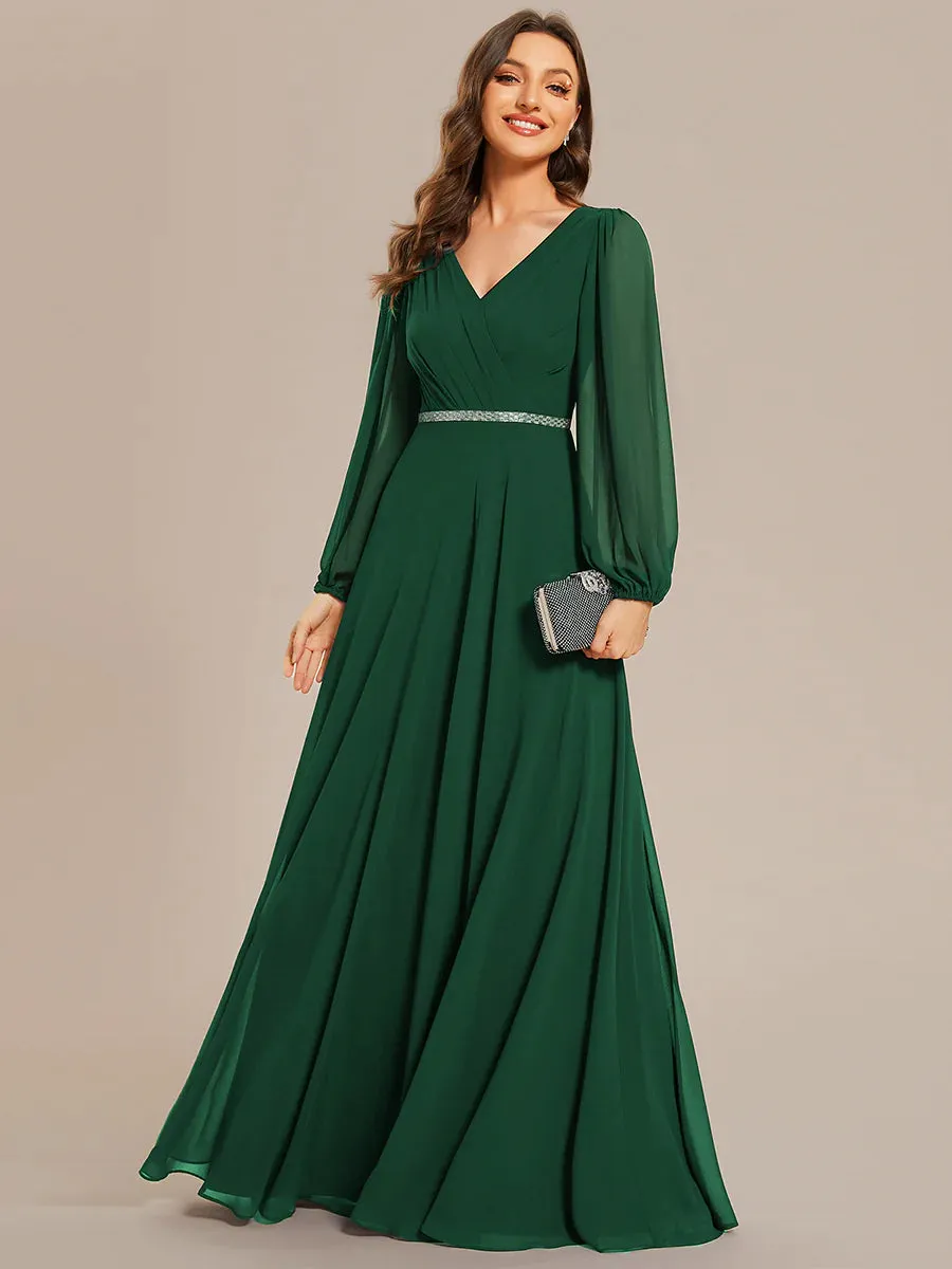 Elegant Waisted Chiffon V-neck Long Sleeve Bridesmaid Dress