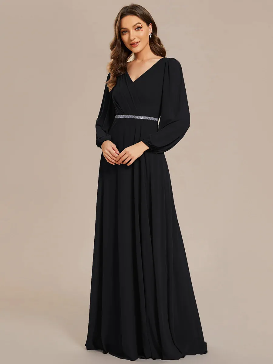 Elegant Waisted Chiffon V-neck Long Sleeve Bridesmaid Dress