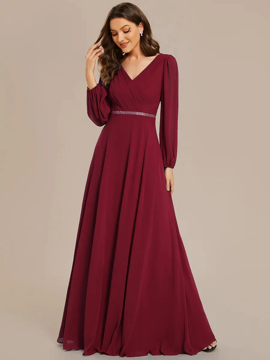 Elegant Waisted Chiffon V-neck Long Sleeve Bridesmaid Dress