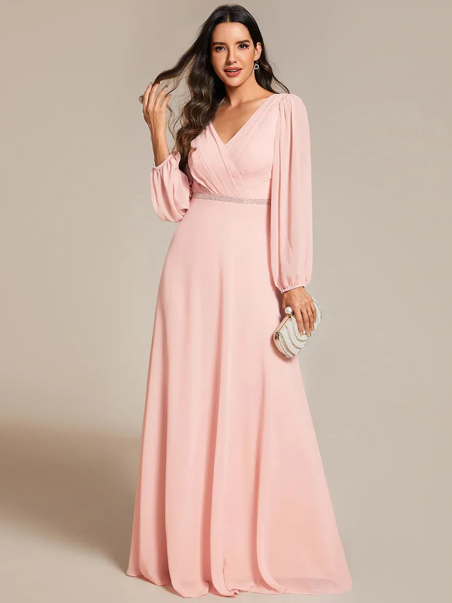 Elegant Waisted Chiffon V-neck Long Sleeve Bridesmaid Dress