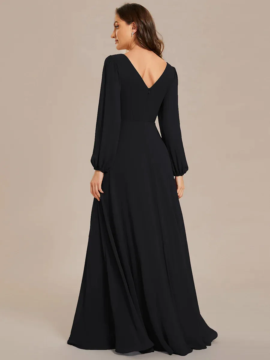 Elegant Waisted Chiffon V-neck Long Sleeve Bridesmaid Dress