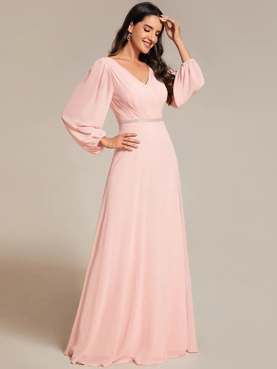 Elegant Waisted Chiffon V-neck Long Sleeve Bridesmaid Dress