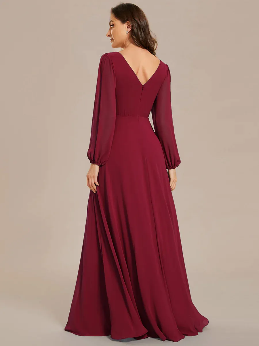 Elegant Waisted Chiffon V-neck Long Sleeve Bridesmaid Dress