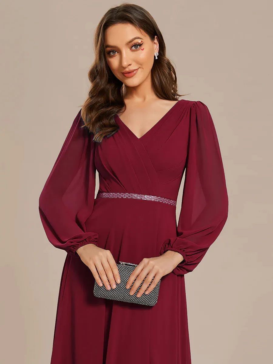 Elegant Waisted Chiffon V-neck Long Sleeve Bridesmaid Dress