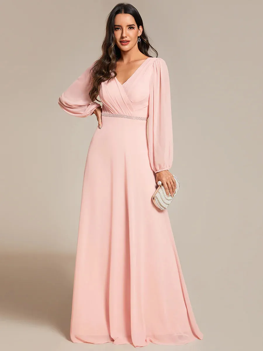 Elegant Waisted Chiffon V-neck Long Sleeve Bridesmaid Dress