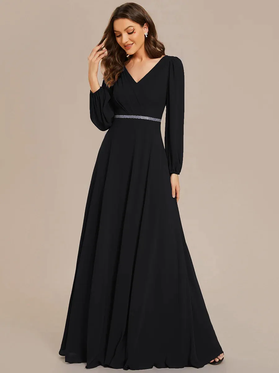 Elegant Waisted Chiffon V-neck Long Sleeve Bridesmaid Dress