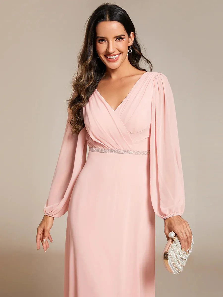 Elegant Waisted Chiffon V-neck Long Sleeve Bridesmaid Dress