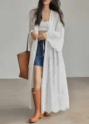 Elegant White Lace Up Hollow Out Cotton Dresses Flare Sleeve ZL056