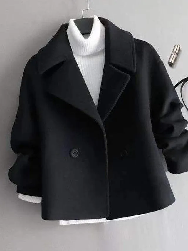 Elegant Women's Wool Blend Double Breasted Pea Coat - Black Beige