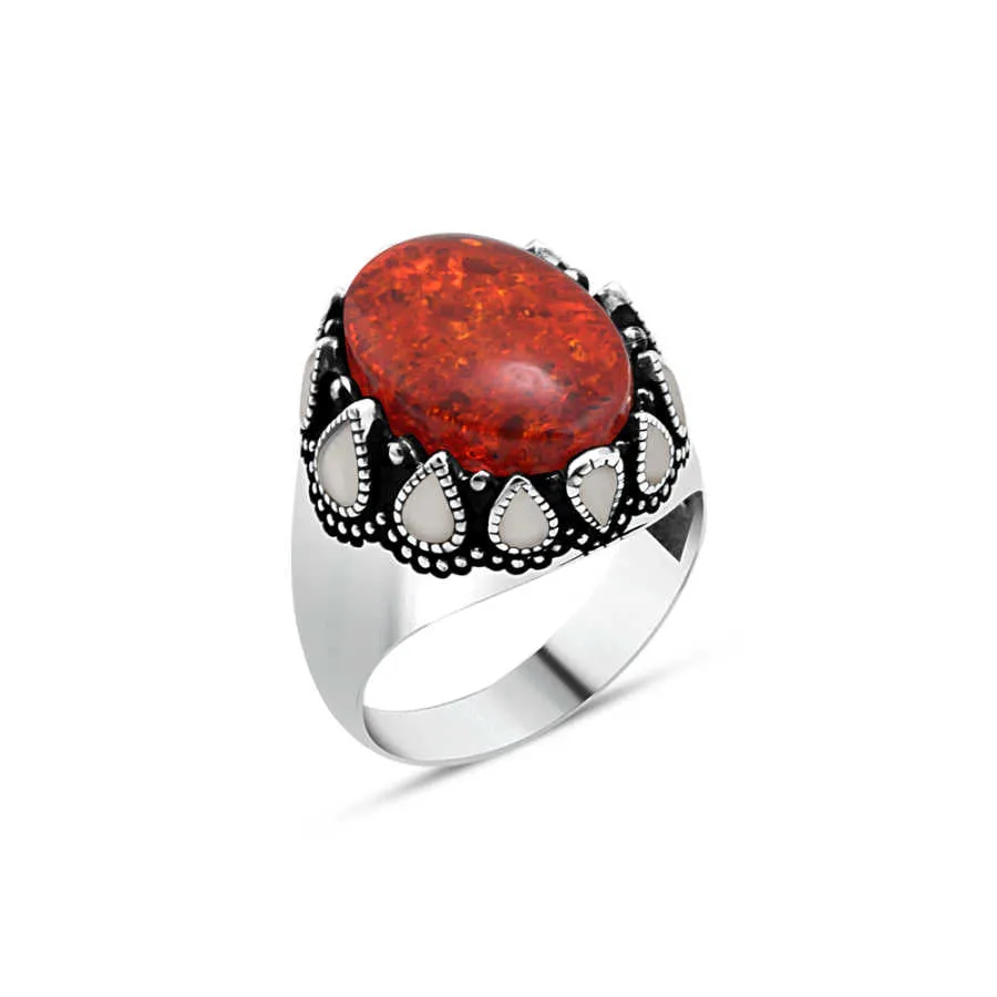 Ellipse Red Synthetic Amber Stone Silver Men's Ring with White Teardrops Around