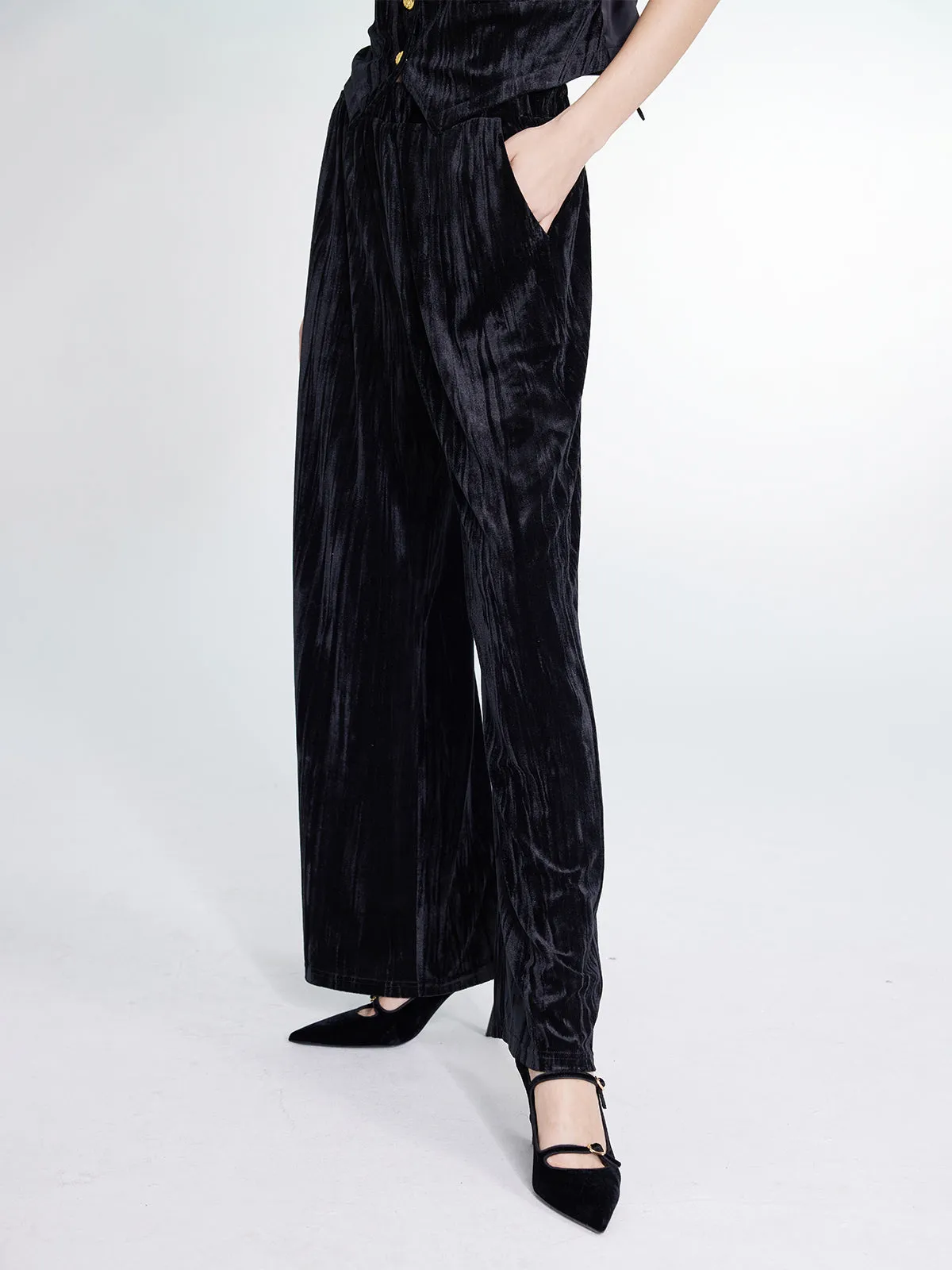 Embossed Velvet Elastic Waist Wide-Leg Pants