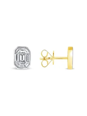 Emerald Cut Illusion Diamond Stud Earrings 14K