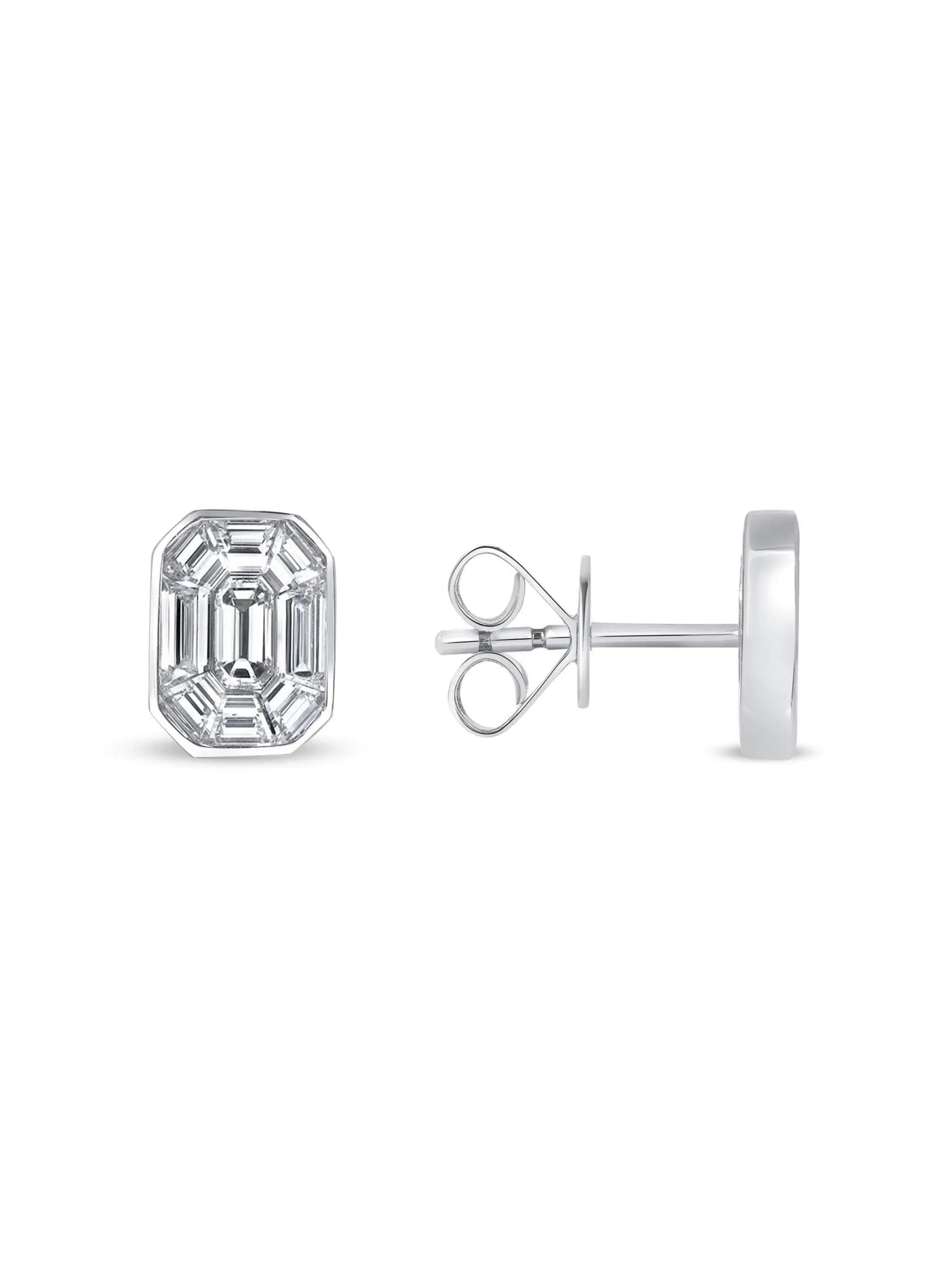 Emerald Cut Illusion Diamond Stud Earrings 14K