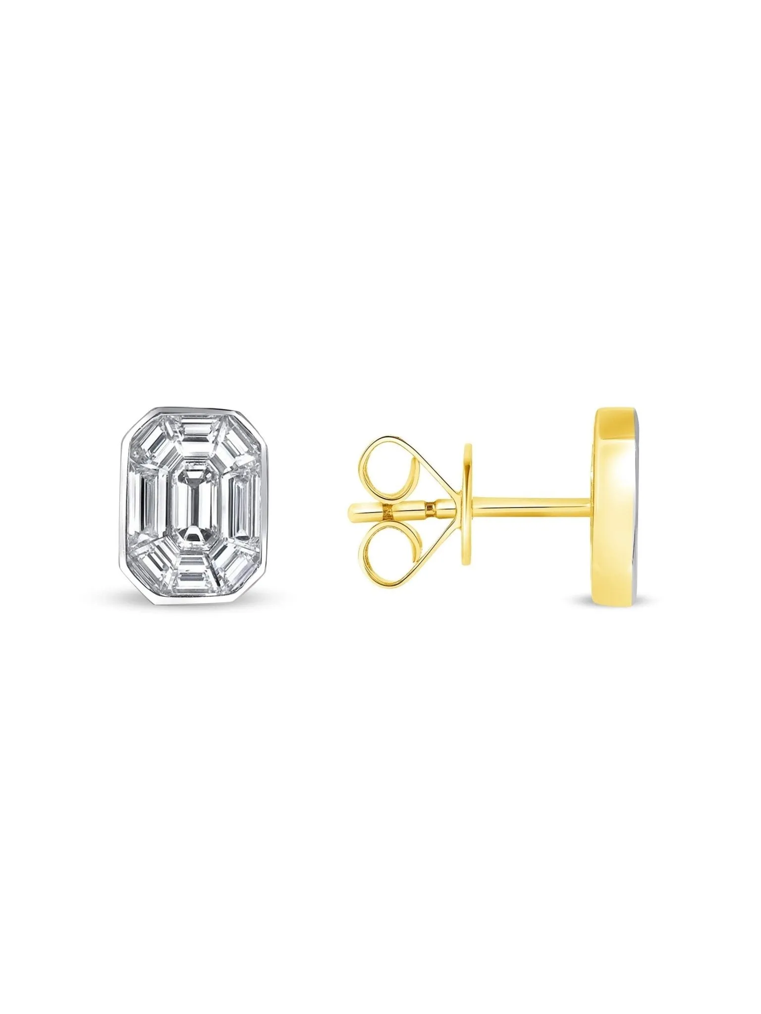 Emerald Cut Illusion Diamond Stud Earrings 14K