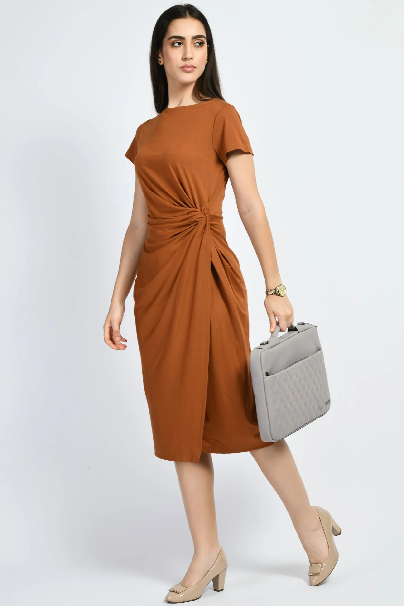 Exude Luminosity Side Knot Wrap Dress (Tan Brown)