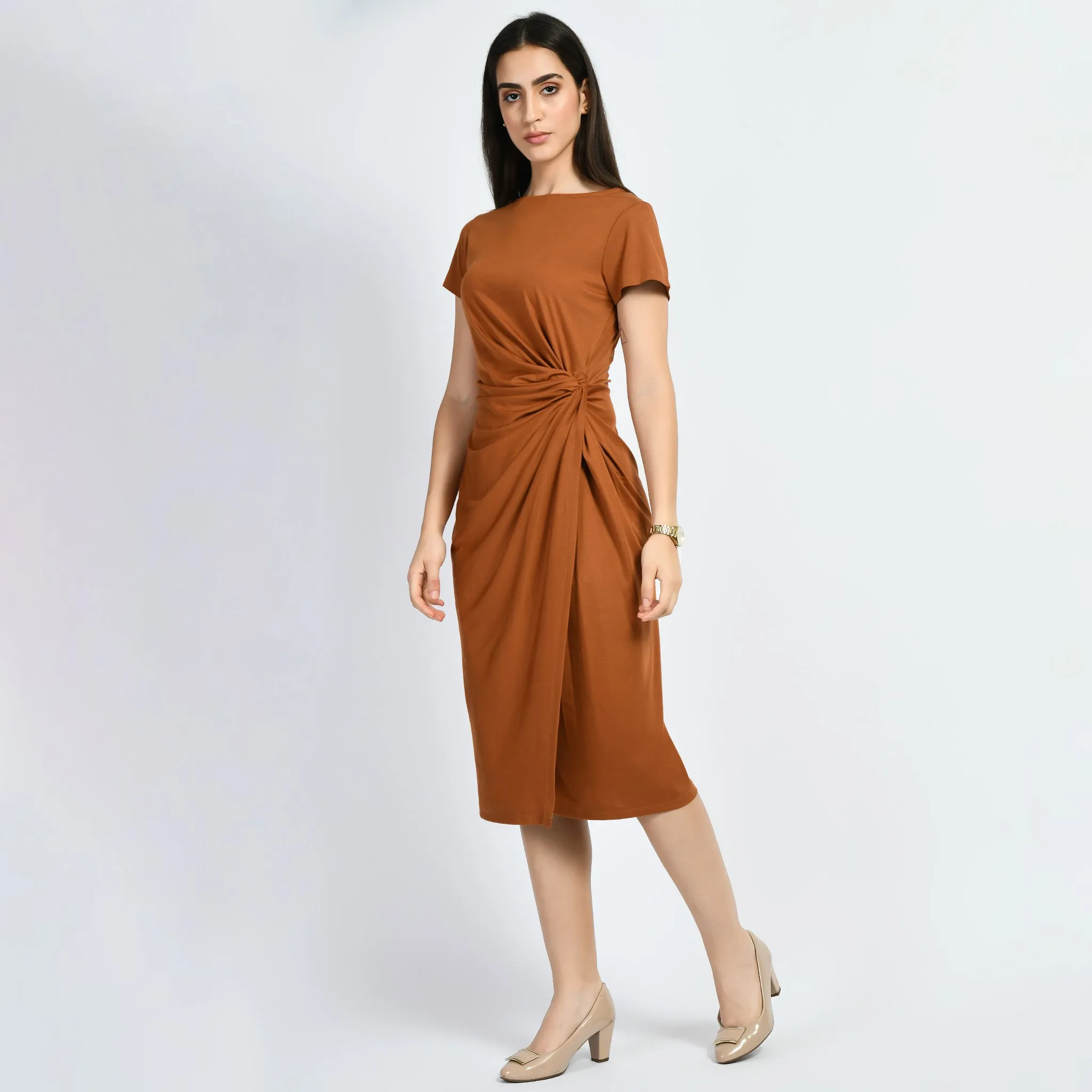 Exude Luminosity Side Knot Wrap Dress (Tan Brown)