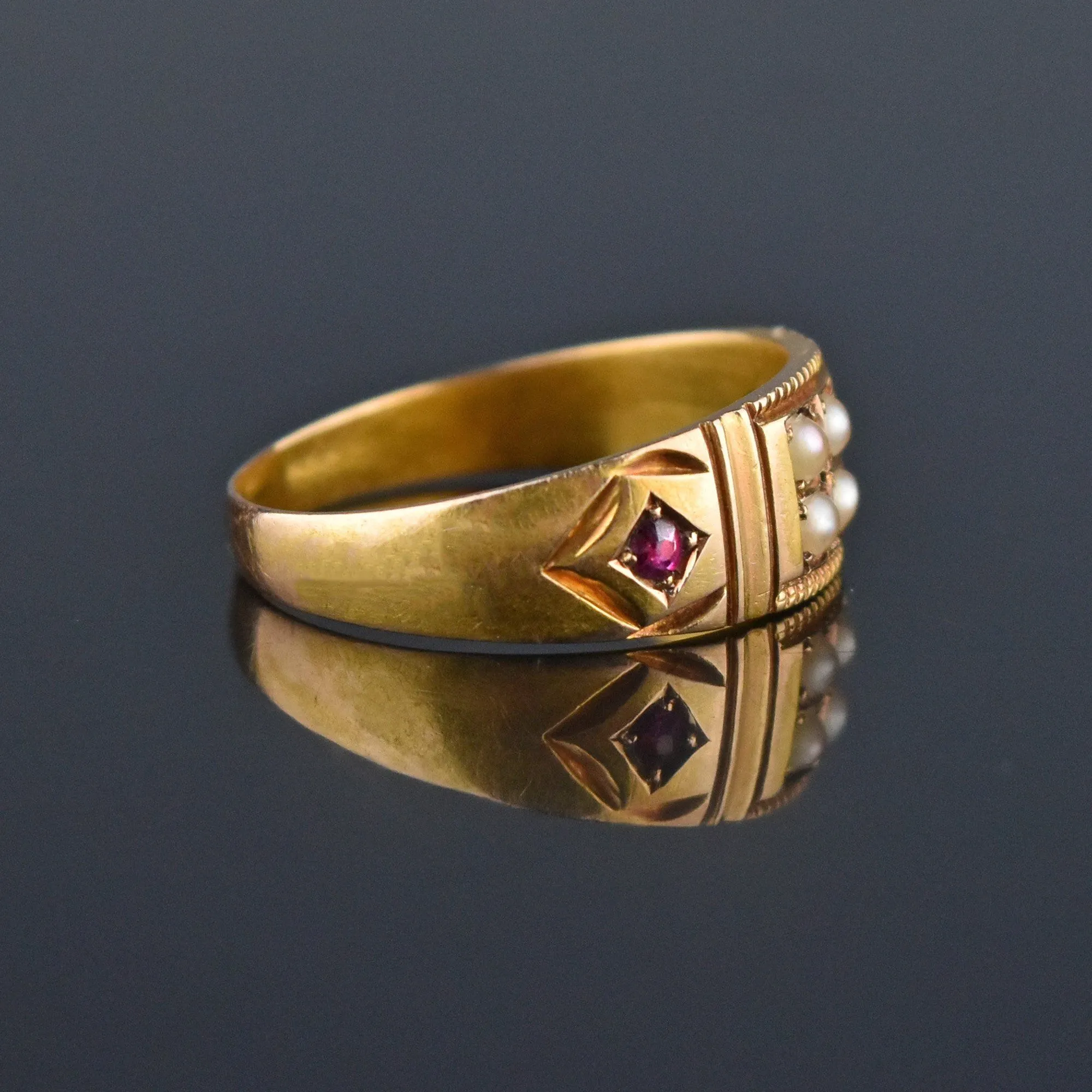 Final Payment Antique 15K Gold Ruby Pearl Gypsy Band Ring, C 1880s