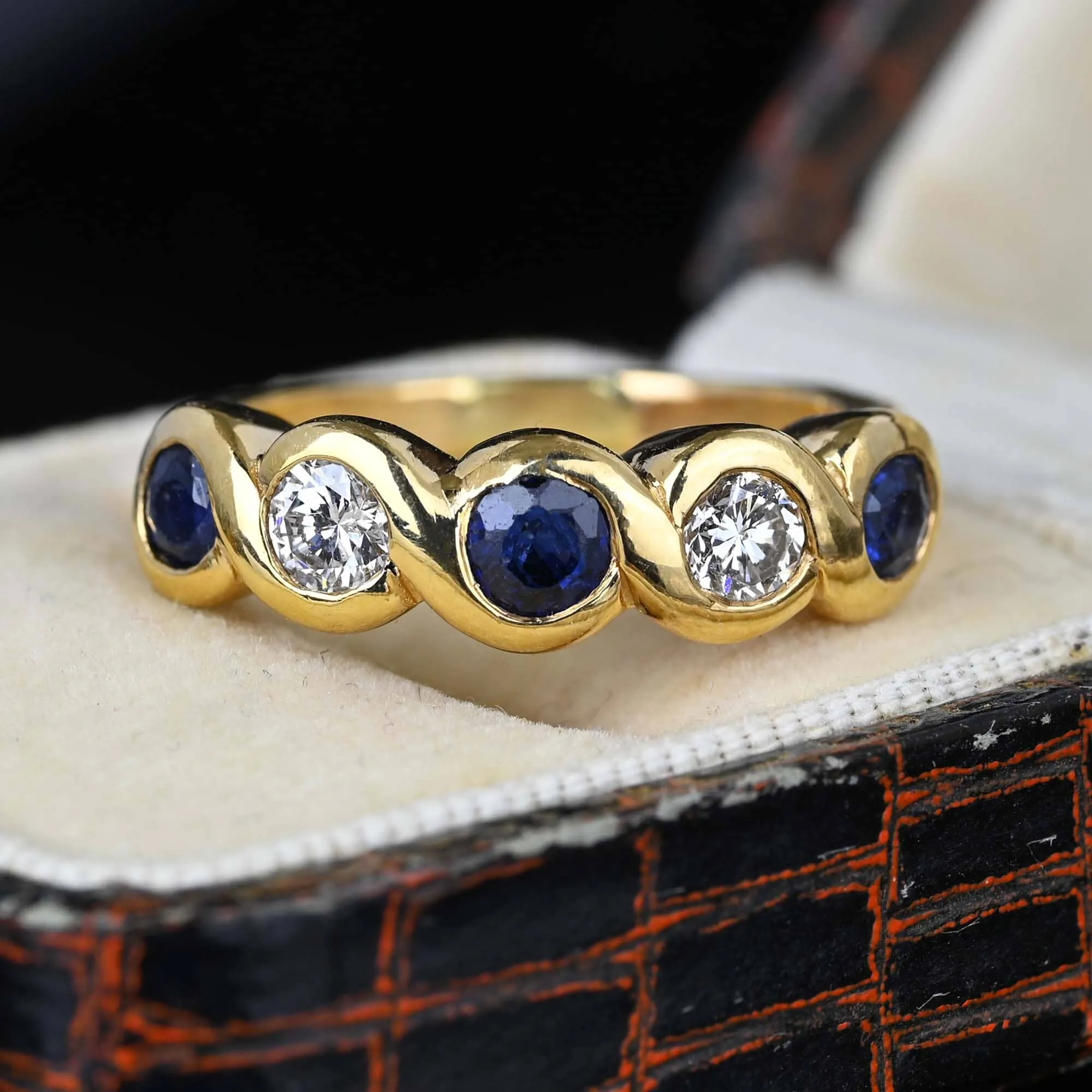 Five Stone Blue Sapphire & Diamond Ring Band in 14K Gold